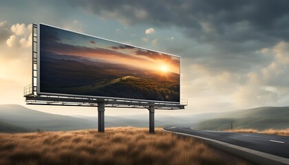 Blank billboard on the road at sunset. 3D rendering. - obrazy, fototapety, plakaty