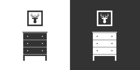 Interior icon. Chest of drawers and poster with deer antlers. Furniture icon on black and white background