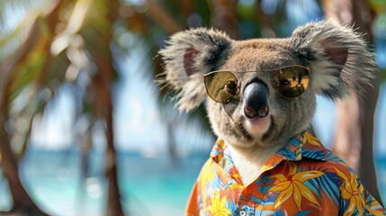 A koala in the beach with sunglasses and a Hawaiian shirt. Realistic photo