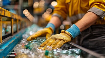 Obraz premium The hands of the employee in gloves are close-up. On the conveyor for recycling and sorting garbage from plastic bottles, glasses of different sizes, garbage sorting and recycling concept
