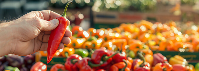 Close-up of a person's hand holding a red chili pepper with a vibrant blurred background of assorted bell peppers at a market stall, ideal for fresh produce and healthy eating concepts