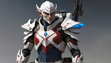 high elf sci fi soldier wearing heavy sci fi armor, white and red and blue armor, male, holding a...