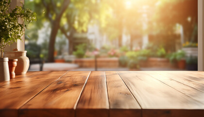 empty wooden table and blurred kitchen background in sunlight. 
