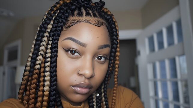 medium complexion young Black woman with long, brown ombre knotless braids