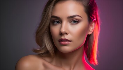 Obraz premium Beauty Woman Close Face with Neon light effect background