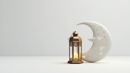 Ramadan Kareem Greeting Card. Golden Lantern with Crescent Moon and Stars. 3D Render