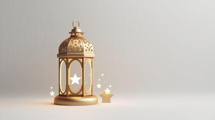 3D Render of Ramadan Kareem Lantern with Stars on White Background
