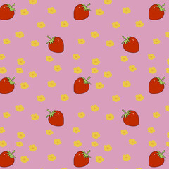 seamless pattern with strawberry and yellow flowers on pink background for design, textile, package, decoration.