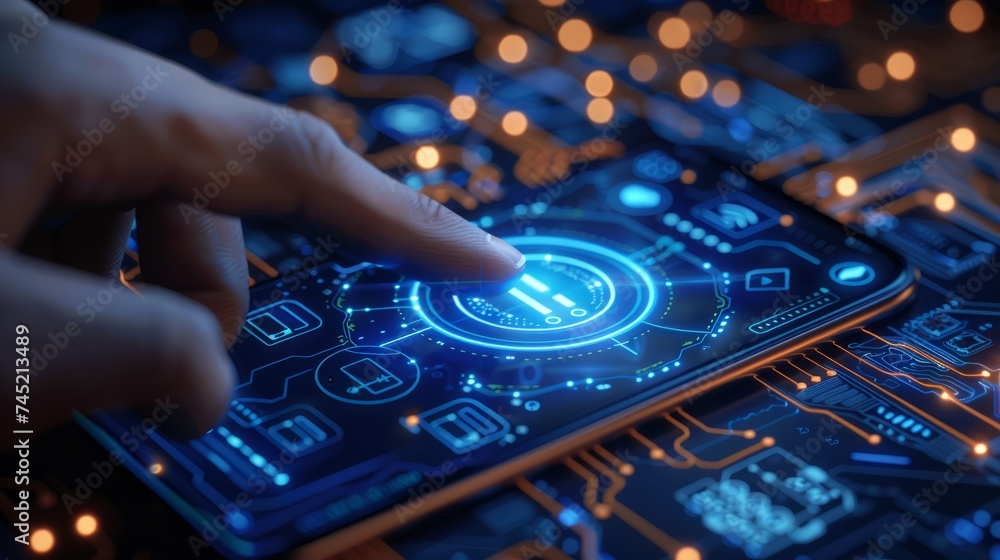 Poster close-up hand female touching a secure wireless network connection on a digital interface with a hig