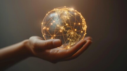 Hand Holding a Glowing Globe Network Concept. A hand presenting a digitally enhanced, glowing representation of the Earth with network connections symbolizing global communication.