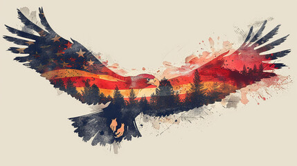 shape of a eagle with usa flag dopple exposure - obrazy, fototapety, plakaty