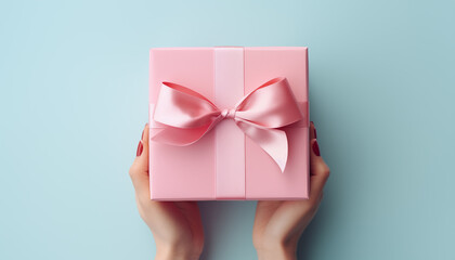 giving a gift. hands holding a gift on a pastel background. - obrazy, fototapety, plakaty