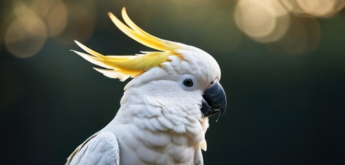 a close up of a white parrot with a yellow crown on it's head and a blurry background.