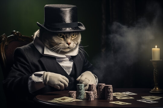 A cat in a suit and hat plays poker in the room.