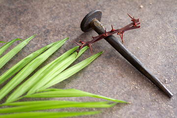 Cross made of old nail and thorn with palm branch. Palm Sunday religious concept