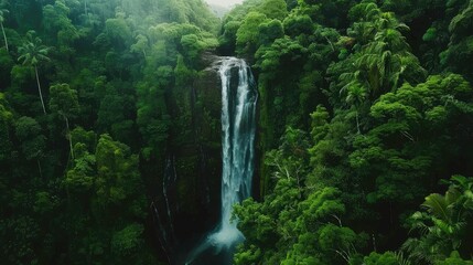 lush green tropical waterfall in the middle of the jungle. the waterfall is cascading down a steep cliff into a pool of water below.