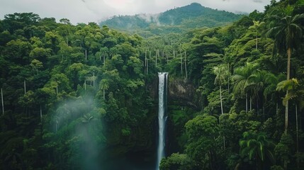 Amazing view of a waterfall in the middle of a green lush forest.