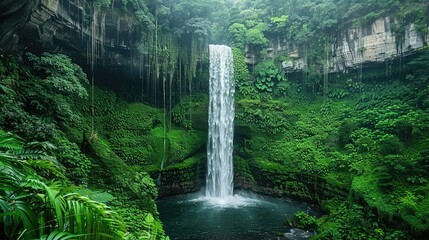 lush green vegetation surrounds a powerful waterfall in the jungle.