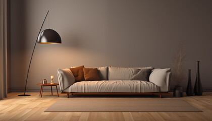 long sofa in an empty room in a simple style with a minimalist fashionable lamp. modern living room interior with sofa. - obrazy, fototapety, plakaty