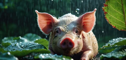 a little pig that is laying down in the grass with water droplets on it's face and a green leaf in the background.