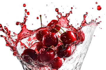 vibrant photo capturing the dynamic burst of water as luscious red cherries dive in