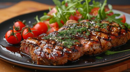 a close up of a plate of food with a steak and tomatoes on a table