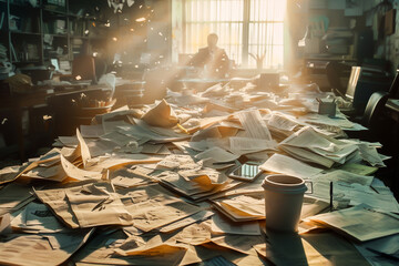 Cluttered office space with papers strewn everywhere and a silhouette of a person working late with rays of sunlight. - obrazy, fototapety, plakaty