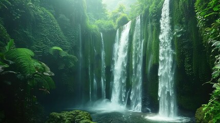 The waterfall is located in a lush green forest. The water is crystal clear and falls from a height of several meters. - obrazy, fototapety, plakaty