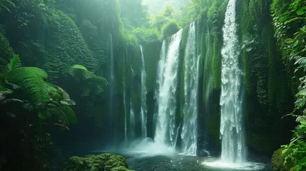  The waterfall is located in a lush green forest. The water is crystal clear and falls from a height of several meters. © Togrul