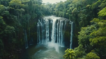 lush green jungle waterfall in the middle of a dense forest with a large body of water at the bottom