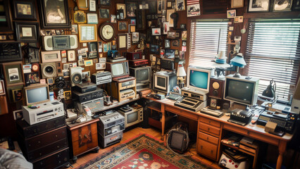 A vintage collection of old electronics cluttering a room, showcasing a nostalgic assortment of classic technological devices.
