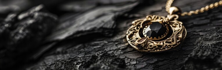 Naklejka premium Vintage Black Gemstone Pendant on Charred Wood 