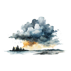 Dramatic storm clouds over a darkened landscape watercolor illustration