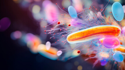 Illustration captures a bacterium with dynamic flagella, showcasing motion and the essence of microbial life. A microscopic view into vibrant, moving microorganisms in scientific detail. - obrazy, fototapety, plakaty