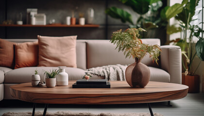 minimal living room with wooden coffee table near the sofa close-up. fashionable interior in modern colors. 