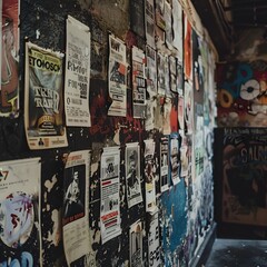 grungy wall with rock show flyers taped all over it