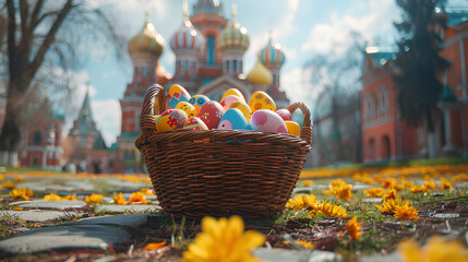 Easter eggs in a wicker basket on the background of a church temple. The concept of the Easter holiday. Christ is Risen! - obrazy, fototapety, plakaty