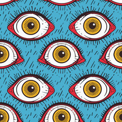 Cartoon eyes vector illustration seamless pattern background, pop art style, abstract