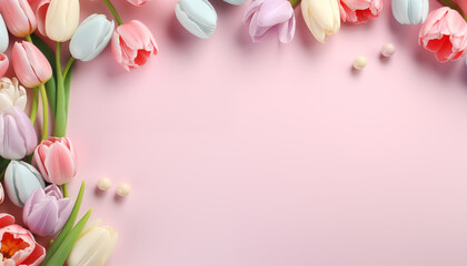 pastel celebration background.tulips on a pastel background with space for design.