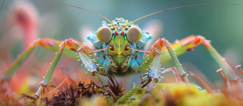 A close-up view of a vibrant green male Sphodromantis Viridis bug perched on a leaf of a plant. The bugs intricate details and the plants texture are visible in the shot.