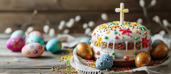 A cake adorned with colorful sprinkles and a cross on top, surrounded by Easter eggs decorated with crosses and ornaments. The cake is covered in white icing and sits against a wooden backdrop.