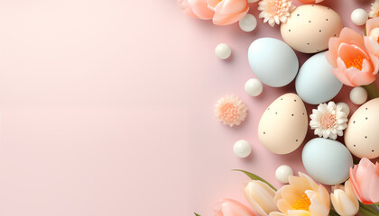 pastel Easter celebration background. Easter eggs with tulips on a pastel background with space for design.