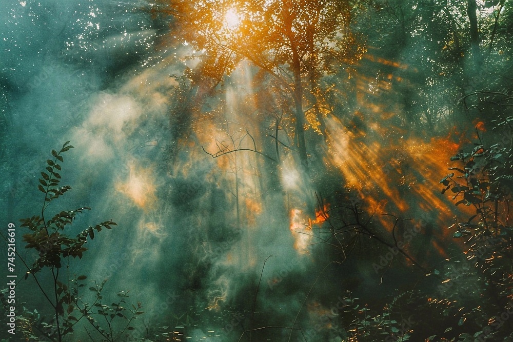Poster mysterious foggy forest with sun rays shining through the trees. autumn forest in the fog