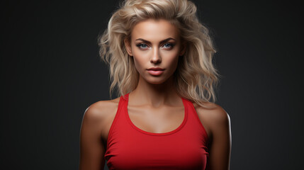 Fototapeta premium portrait of a blonde woman in wearing red sport top
