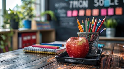 pencil case and an apple in a notebook on the teacher's desk