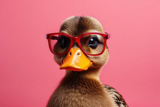 Duck Red Glasses Pink Background