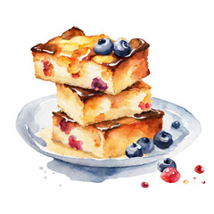 Watercolor illustration of Brioche Bread pudding , watercolor clip art 
