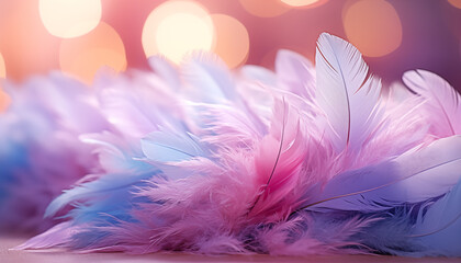 pastel colored feathers with sparkles close-up. background for design with delicate feathers.