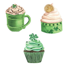 Vector watercolor st patrick's day illustration set cupcakes pastry cup latte sweets