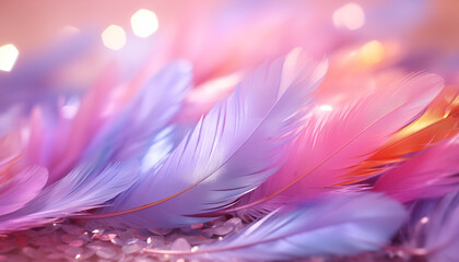 pastel colored feathers with sparkles close-up. background for design with delicate feathers. - obrazy, fototapety, plakaty